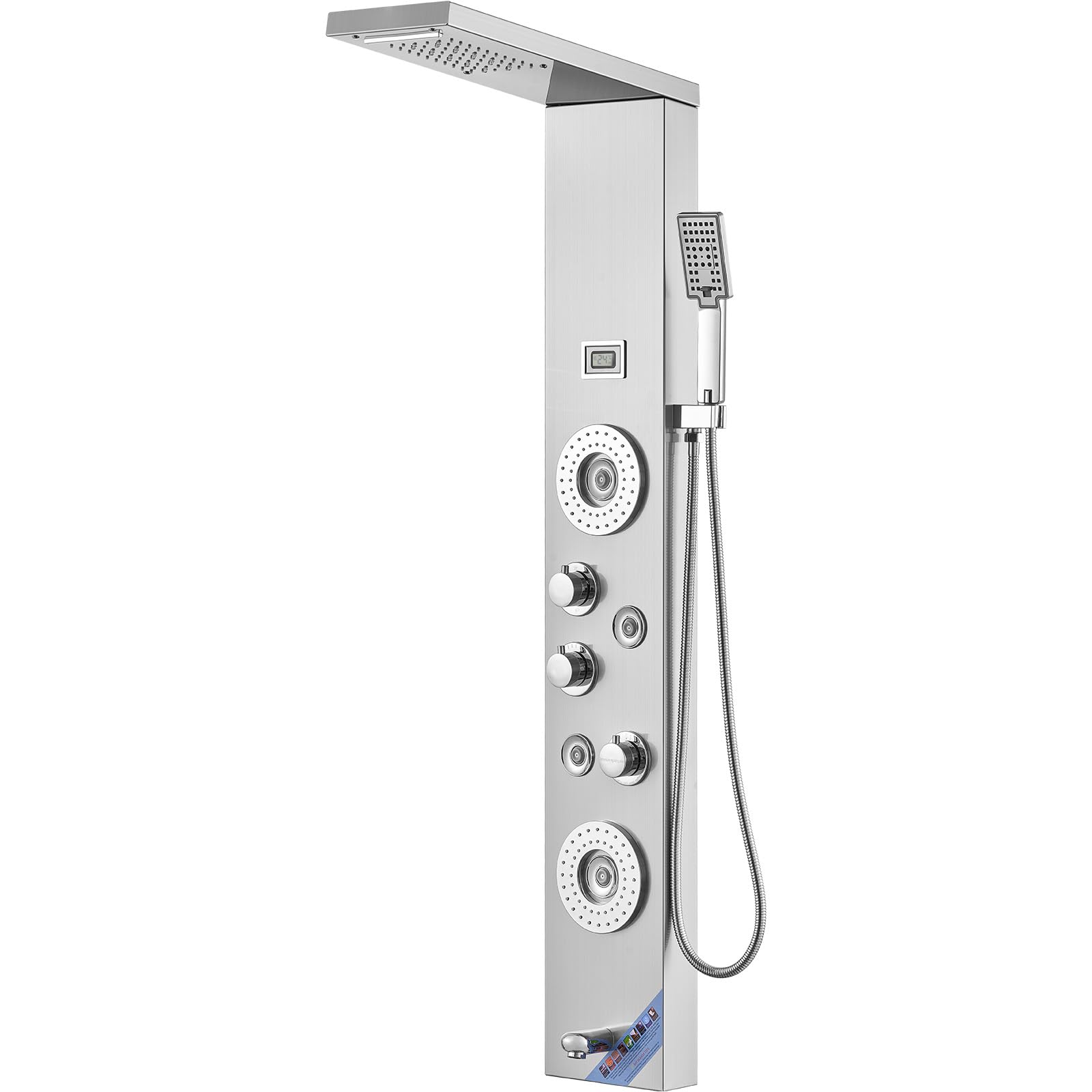 VEVOR Shower Panel System, 6 Shower Modes, LED & Display Shower Panel Tower, Rainfall, Waterfall, 4 Body Massage Jets, Tub Spout, Handheld Shower Head 59" Hose, Stainless Steel Wall-Mounted Shower Set