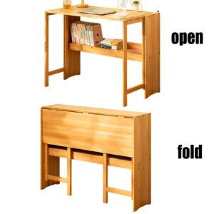 TrueyEssence Folding Desk, Small Computer Table with Bookshelf Writing Desk Laptop Desk Vanity Table Bamboo Workstation for Home Office Wood Color