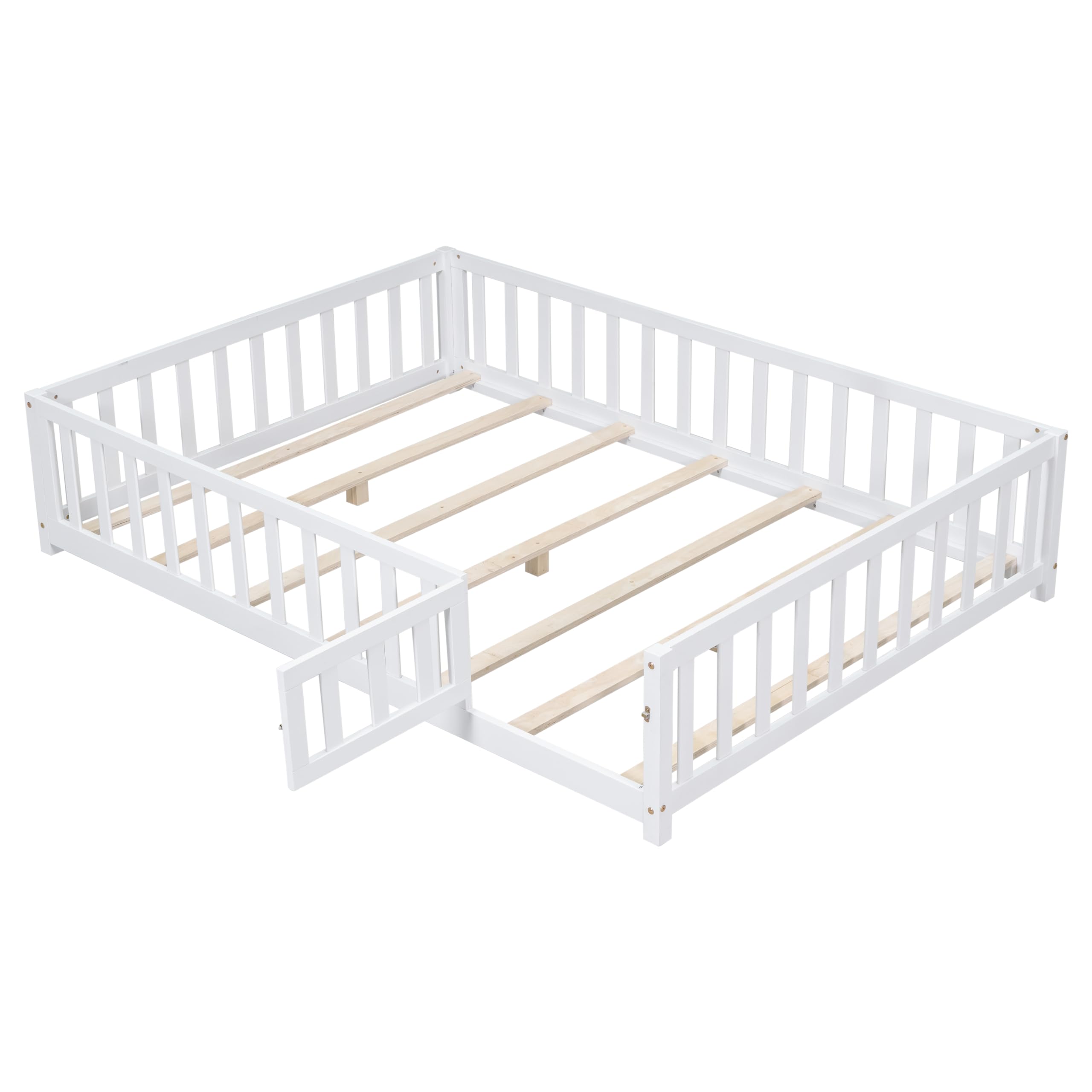 Bellemave Floor Bed Full Size Montessori Bed Frame with Fence and Door, Wooden Full Platform Bed for Kids, Boys Girls, Solid Wood Full Bed, No Box Spring Needed (White)