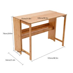 TrueyEssence Folding Desk, Small Computer Table with Bookshelf Writing Desk Laptop Desk Vanity Table Bamboo Workstation for Home Office Wood Color