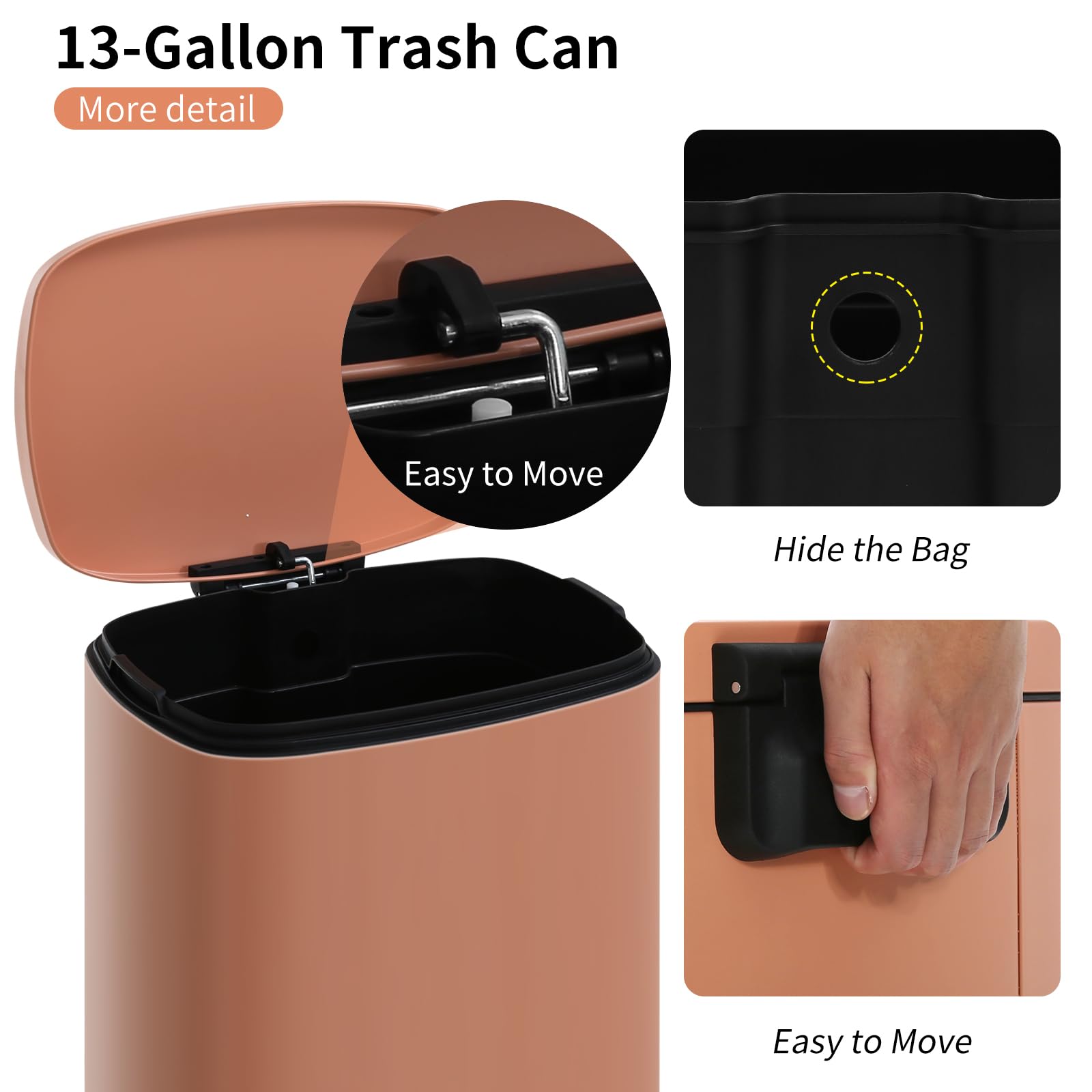 Lynkloft 13 Gallon Kitchen Trash Can Step Garbage Can with Soft Close Lid and Inner Bucket Stainless Steel Trash Bin for Home Office Garage Living Room, 50 Liter Trashcan, Coral Pink