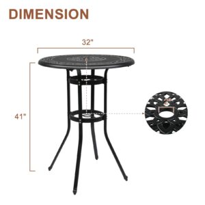 VINGLI 32" Outdoor Bar Table, Patio Bar Height Table with Umbrella Hole, Round High Top Table, Cast Aluminum Tall Outdoor Table Bistro Table for Balcony, Patio (Black)