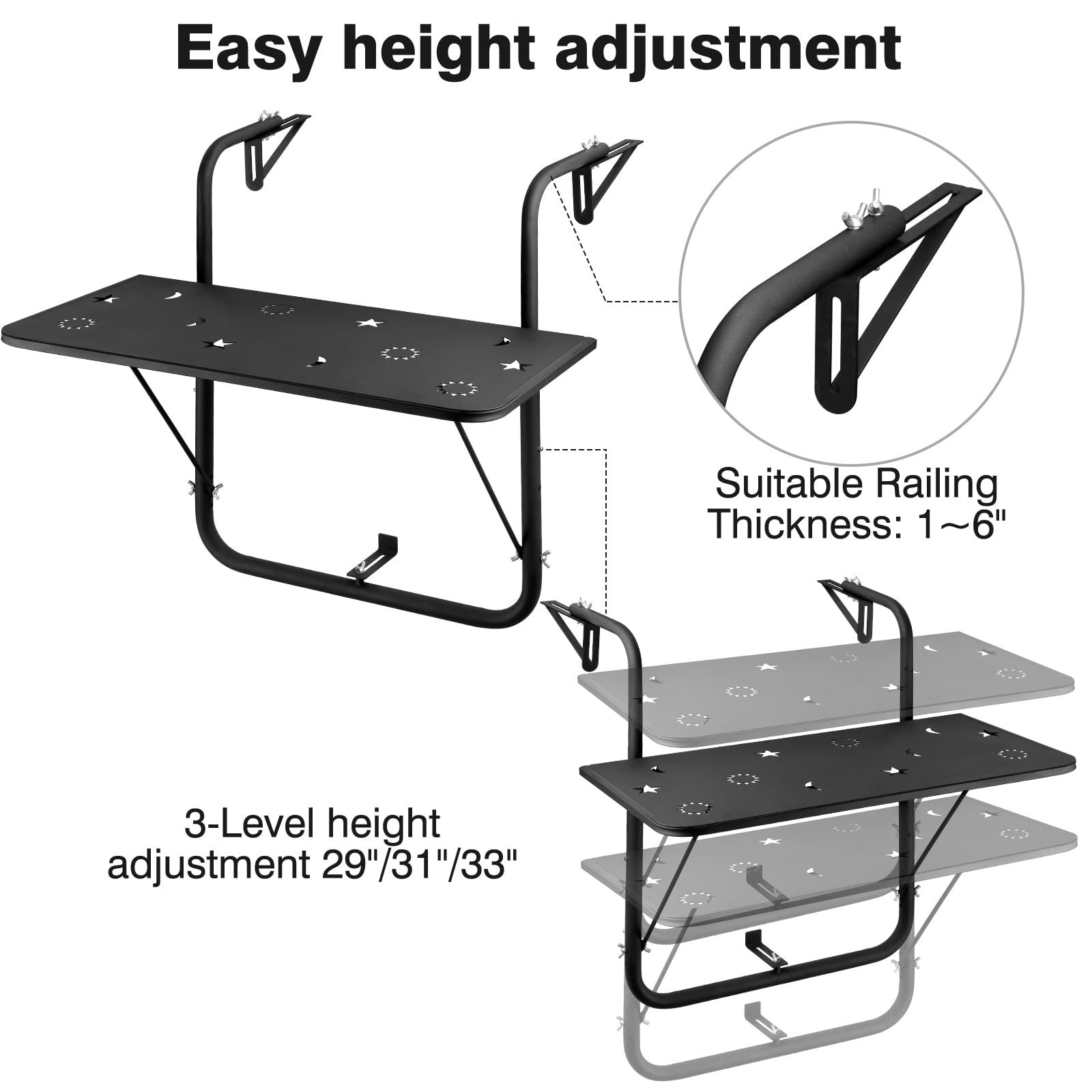 modsden Outdoor Folding Balcony Bar Table for Railing, Adjustable Balcony Railing Table for Baluster Garden Deck,Balcony Table Black