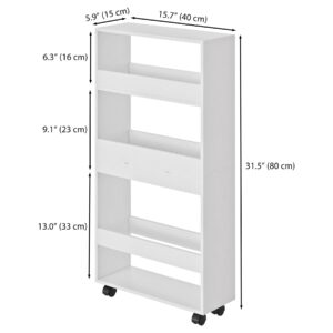 POBOMULI Slim Storage Cart, 4-Tier Kitchen Rolling Cart Narrow Mobile Utility Organizer for Bathroom Livng Room Laundry Room Small Spaces, White