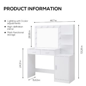 MIRROTOWEL 46.7IN Vanity Desk with Mirror and Lights, Dressing Table with 2 Large Drawer&Large Vertical Organizer, 3 Level Dresser & 3 Lighting Modes Adjustable Brightness, Suitable for Bedroom(white)