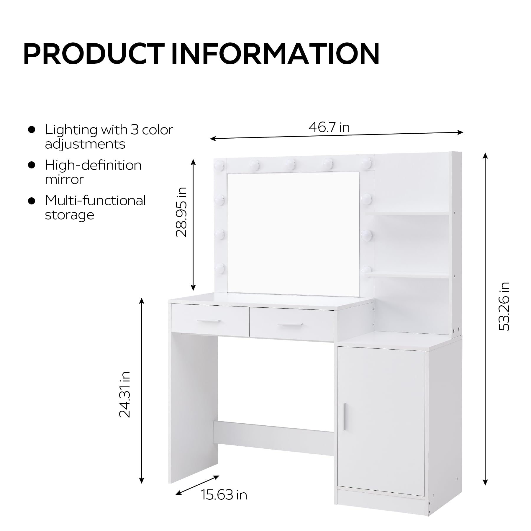 MIRROTOWEL 46.7IN Vanity Desk with Mirror and Lights, Dressing Table with 2 Large Drawer&Large Vertical Organizer, 3 Level Dresser & 3 Lighting Modes Adjustable Brightness, Suitable for Bedroom(white)