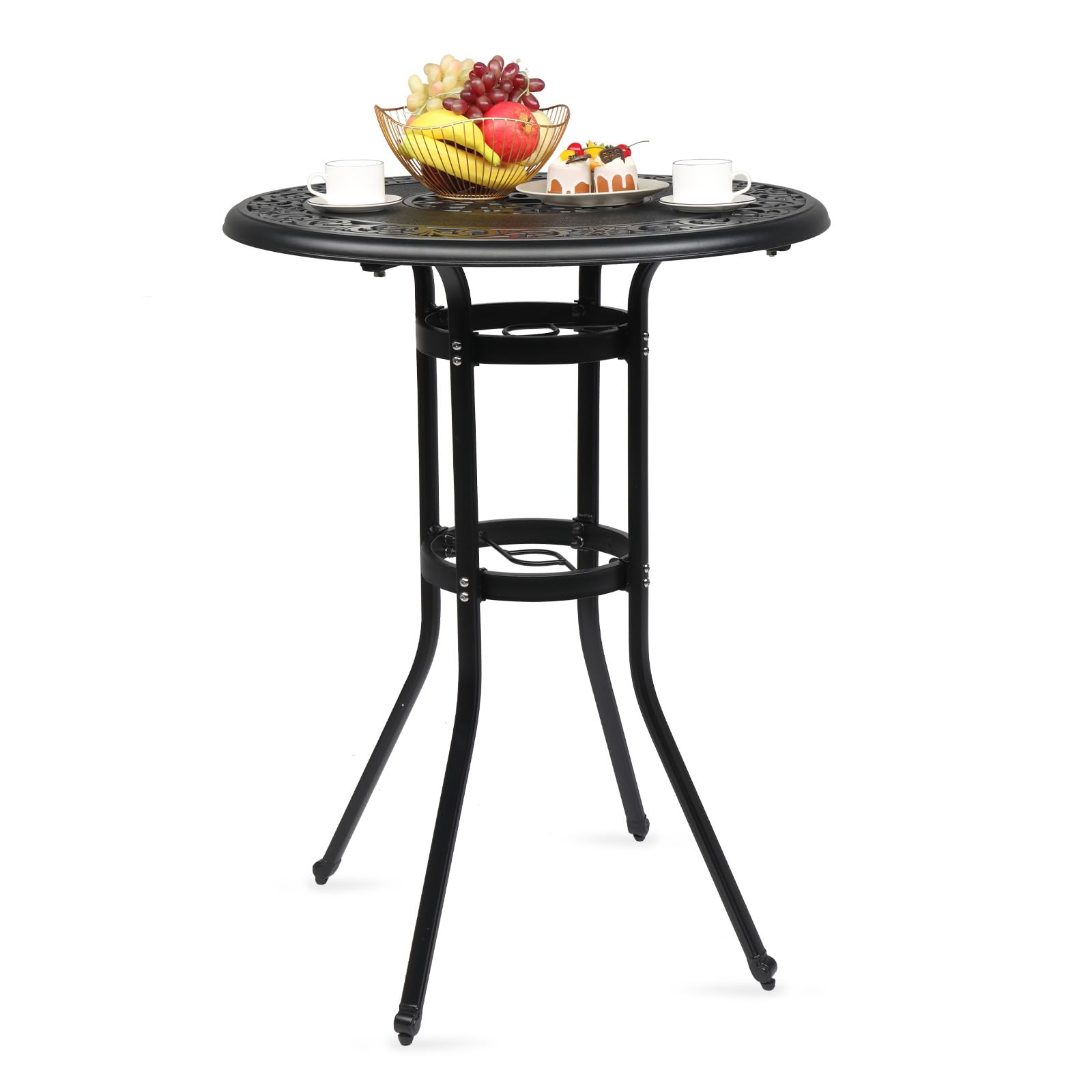 VINGLI 32" Outdoor Bar Table, Patio Bar Height Table with Umbrella Hole, Round High Top Table, Cast Aluminum Tall Outdoor Table Bistro Table for Balcony, Patio (Black)