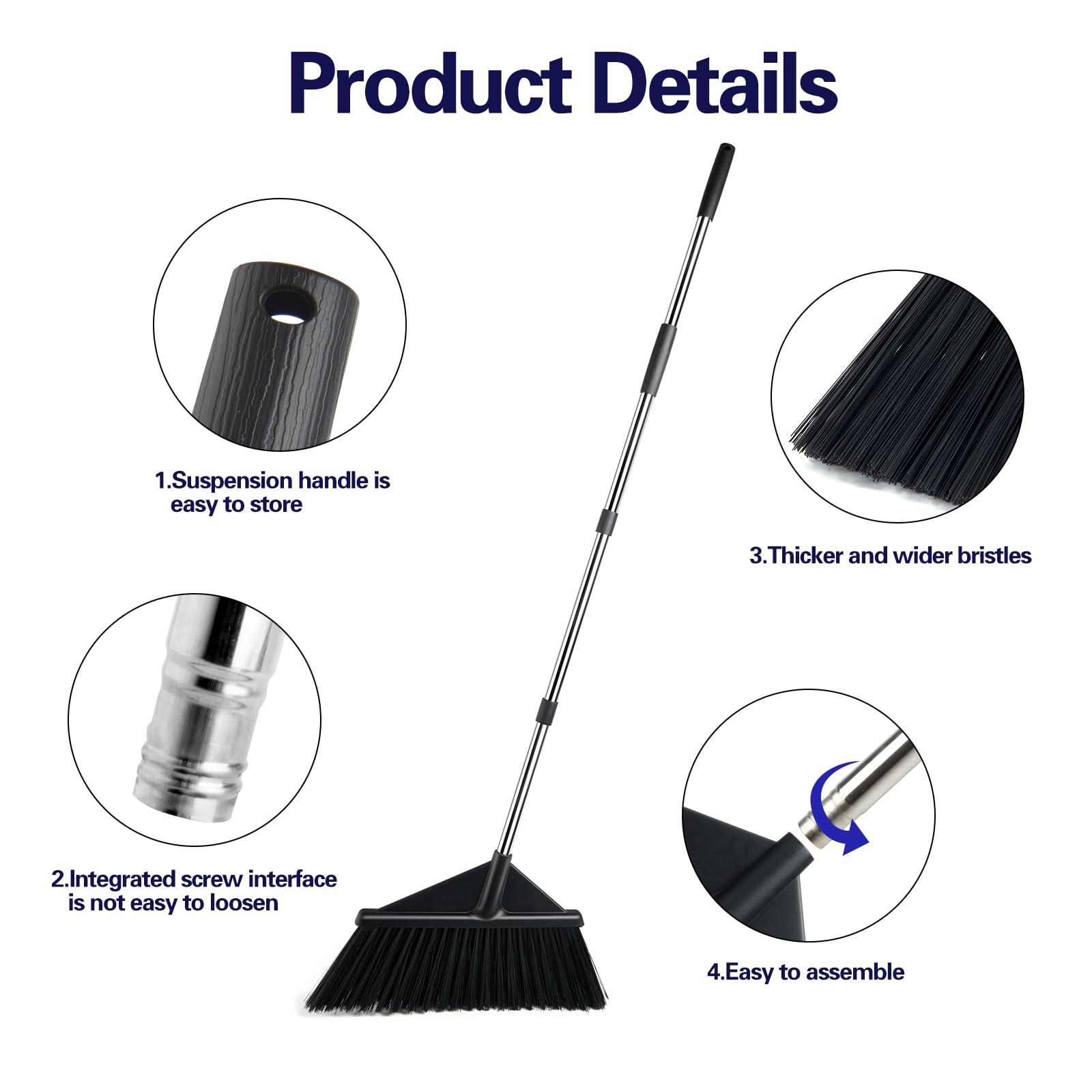 XXFLOWER Heavy Duty Broom with 55" Long Handle,Outdoor Broom for Sweeping,Household Angle Broom for Garages,Courtyard,Sidewalks(Black)