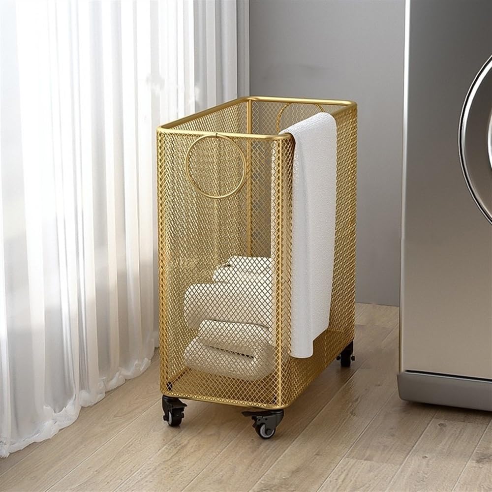 Laundry Hamper with Handles & Rolling Wheels, Metal Laundry Basket with Wheels, Light Luxury Style Laundry Hamper, for Bathroom,Laundry Room（Size:16.9 * 9.1 * 17.7in） (Color : Gold)