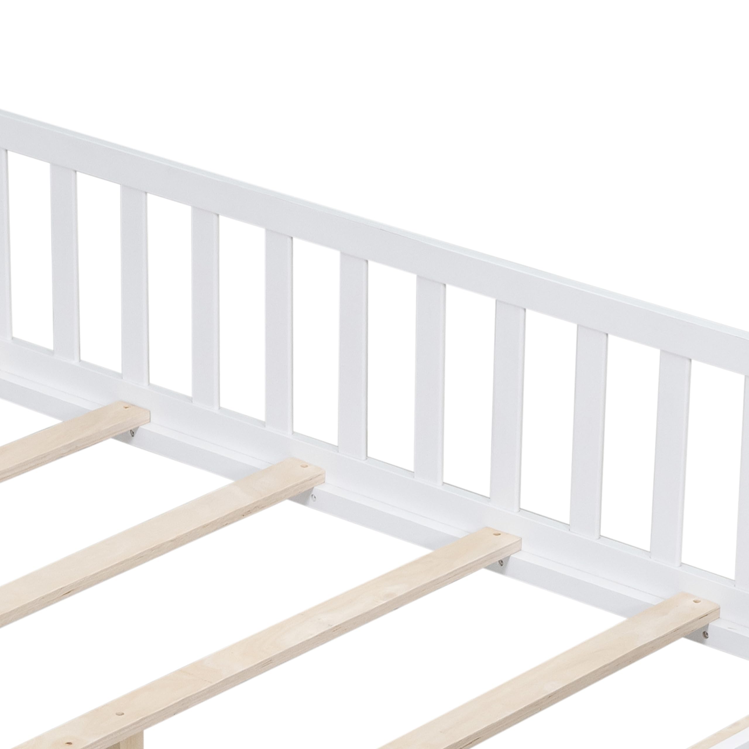 Bellemave Floor Bed Full Size Montessori Bed Frame with Fence and Door, Wooden Full Platform Bed for Kids, Boys Girls, Solid Wood Full Bed, No Box Spring Needed (White)