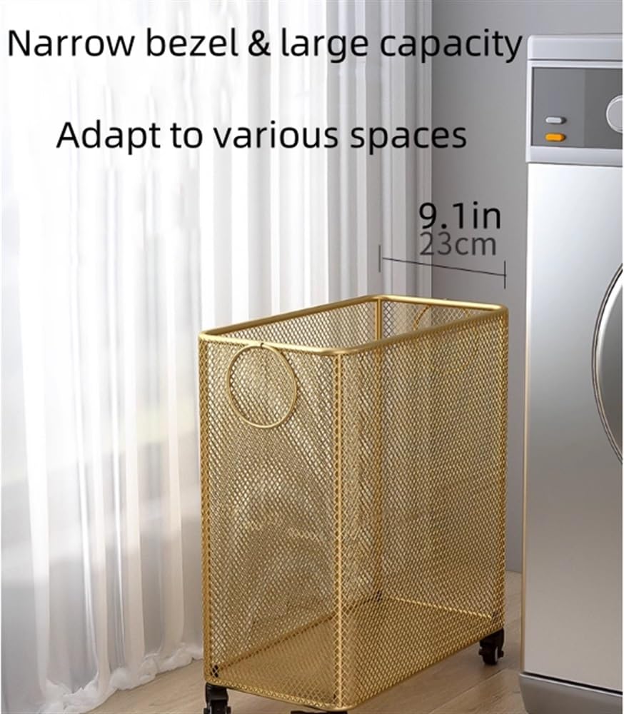 Laundry Hamper with Handles & Rolling Wheels, Metal Laundry Basket with Wheels, Light Luxury Style Laundry Hamper, for Bathroom,Laundry Room（Size:16.9 * 9.1 * 17.7in） (Color : Gold)