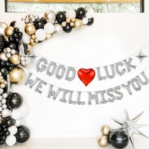 Good Luck We Will Miss You Silver Letter Balloons, Big 16 Inch Foil Balloons with Star&Red Heart Farewell Party Decorations for Retirement Coworker Leaving Going Away Goodbye Graduation Party Decor