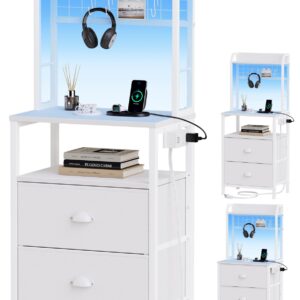 Furologee Tall Nightstand with Charging Station & LED Lights, 41'' Bedside Table with 2 Drawers & Pegboard, White Night Stand with Hooks & Folders, End Table with Shelves for Bedroom/Living Room