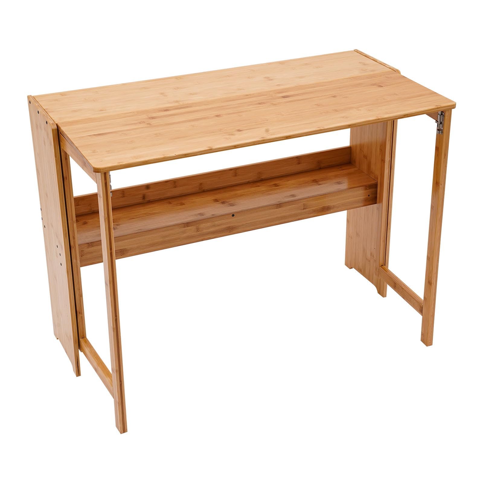 TrueyEssence Folding Desk, Small Computer Table with Bookshelf Writing Desk Laptop Desk Vanity Table Bamboo Workstation for Home Office Wood Color