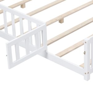 Bellemave Floor Bed Full Size Montessori Bed Frame with Fence and Door, Wooden Full Platform Bed for Kids, Boys Girls, Solid Wood Full Bed, No Box Spring Needed (White)