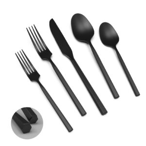 queari 20-piece matte black silverware set, forged stainless steel cutlery set, dishwasher safe flatware set, matte polished |service for 4 hexagon handle