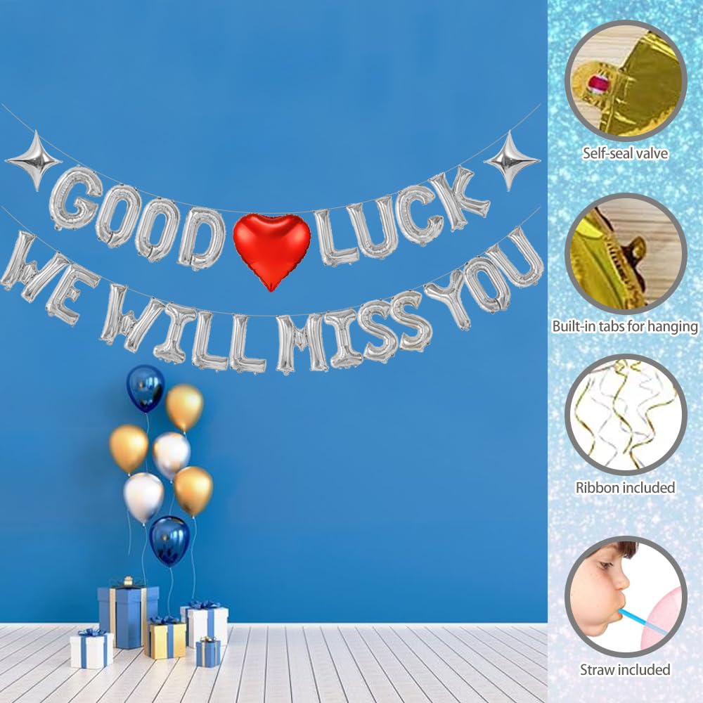 Good Luck We Will Miss You Silver Letter Balloons, Big 16 Inch Foil Balloons with Star&Red Heart Farewell Party Decorations for Retirement Coworker Leaving Going Away Goodbye Graduation Party Decor