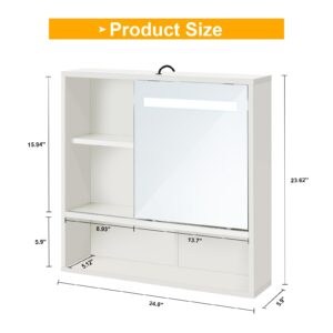 Sunghome Medicine Cabinet Mirror Bathroom Wall Cabinet, LED Light Bathroom Mirror with Storage, Medicine Cabinets with Slid Door and Adjustable Shelf, White, 24'' x 23.6''