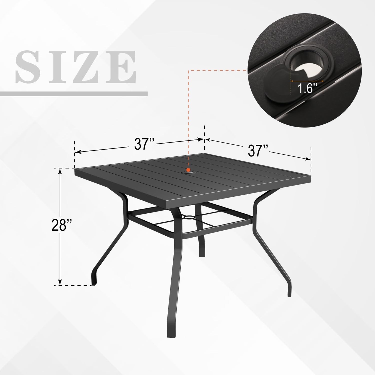 Virvla Patio Dining Square Table Outdoor Steel Table with Umbrella Hole 37" x 37" x 28" - Black