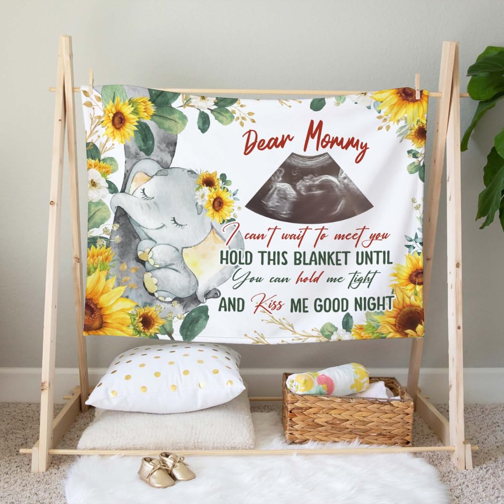 Gearpenguin Personalized Ultrasound Photo Blanket, Baby Elephant Dear Mommy Blanket, New Mom Gift, 1st Mother's Day Expecting Mum Gifts, Custom Sonogram Baby Picture Fleece Blanket, Gift for Newborn