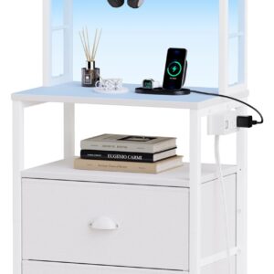 Furologee Tall Nightstand with Charging Station & LED Lights, 41'' Bedside Table with 2 Drawers & Pegboard, White Night Stand with Hooks & Folders, End Table with Shelves for Bedroom/Living Room