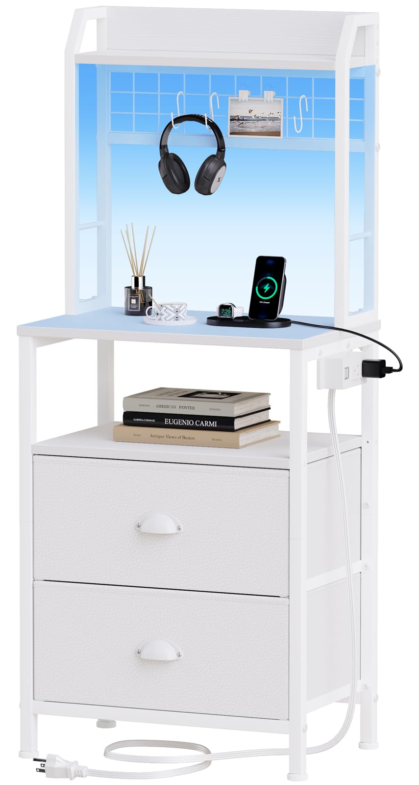 Furologee Tall Nightstand with Charging Station & LED Lights, 41'' Bedside Table with 2 Drawers & Pegboard, White Night Stand with Hooks & Folders, End Table with Shelves for Bedroom/Living Room