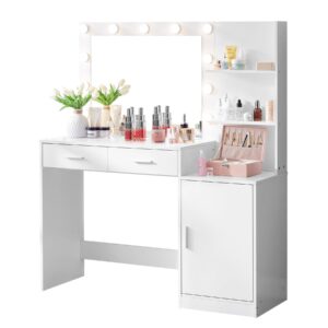 MIRROTOWEL 46.7IN Vanity Desk with Mirror and Lights, Dressing Table with 2 Large Drawer&Large Vertical Organizer, 3 Level Dresser & 3 Lighting Modes Adjustable Brightness, Suitable for Bedroom(white)