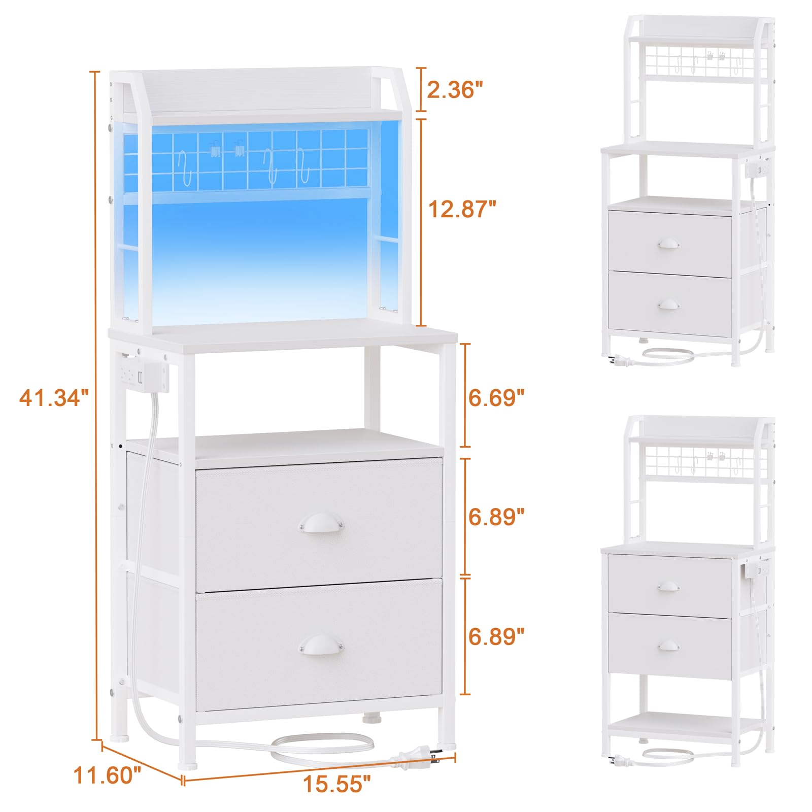 Furologee Tall Nightstand with Charging Station & LED Lights, 41'' Bedside Table with 2 Drawers & Pegboard, White Night Stand with Hooks & Folders, End Table with Shelves for Bedroom/Living Room