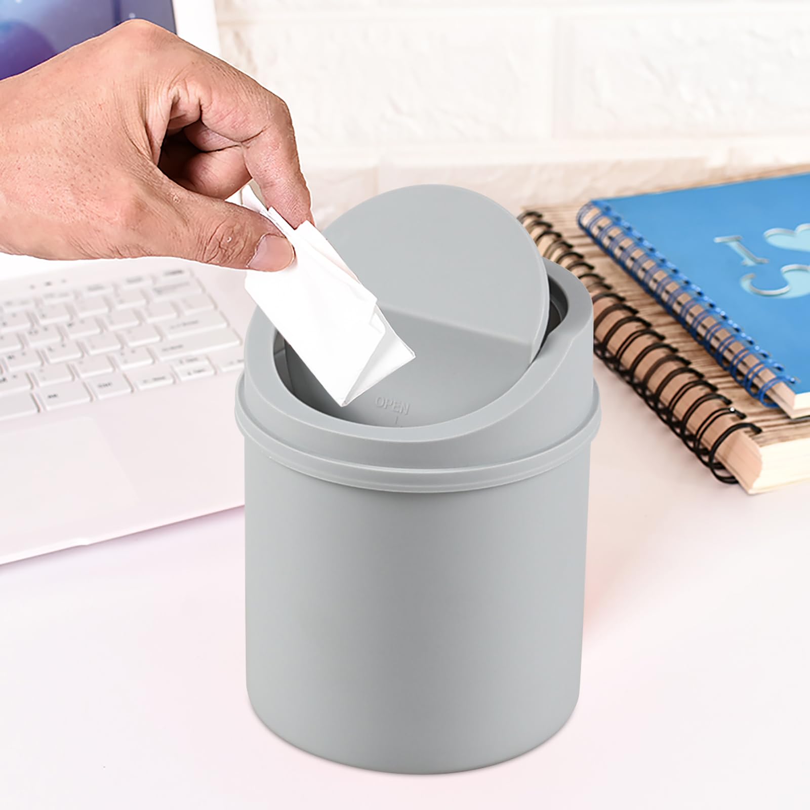 Neadas Plastic Mini Trash Can with Swing Lid, 0.5 Gallon Desktop Tiny Rubbish Bin, Grey