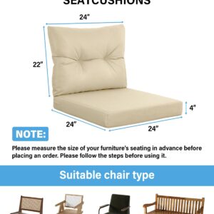 YEFU Outdoor Deep Seat Cushion Set, Double Waterproof Tech Fade Resistant Outdoor Chair Cushions, Patio Furniture Cushions with Straps for Chair Sofa Couch, 24x24 Inch, Beige