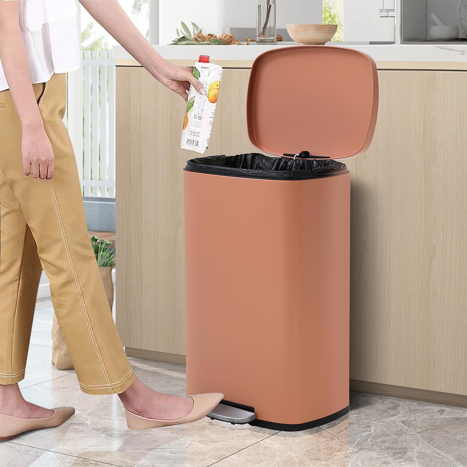 Lynkloft 13 Gallon Kitchen Trash Can Step Garbage Can with Soft Close Lid and Inner Bucket Stainless Steel Trash Bin for Home Office Garage Living Room, 50 Liter Trashcan, Coral Pink