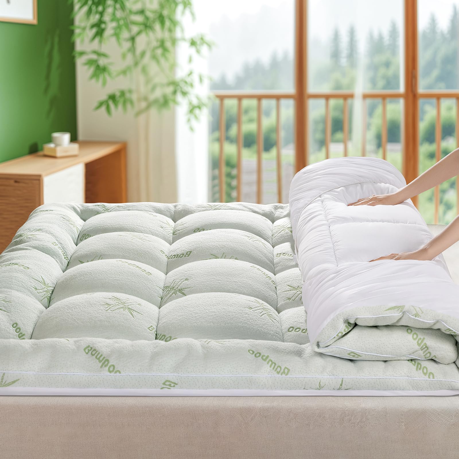 Shilucheng Cooling Queen Mattress Topper, Extra Thick 1200 GSM Down Alternative Fill Washable, Soft Mattress pad for Back Pain, Bed Mattress Topper with 8-21" Deep Pocket(Green，60"x80")