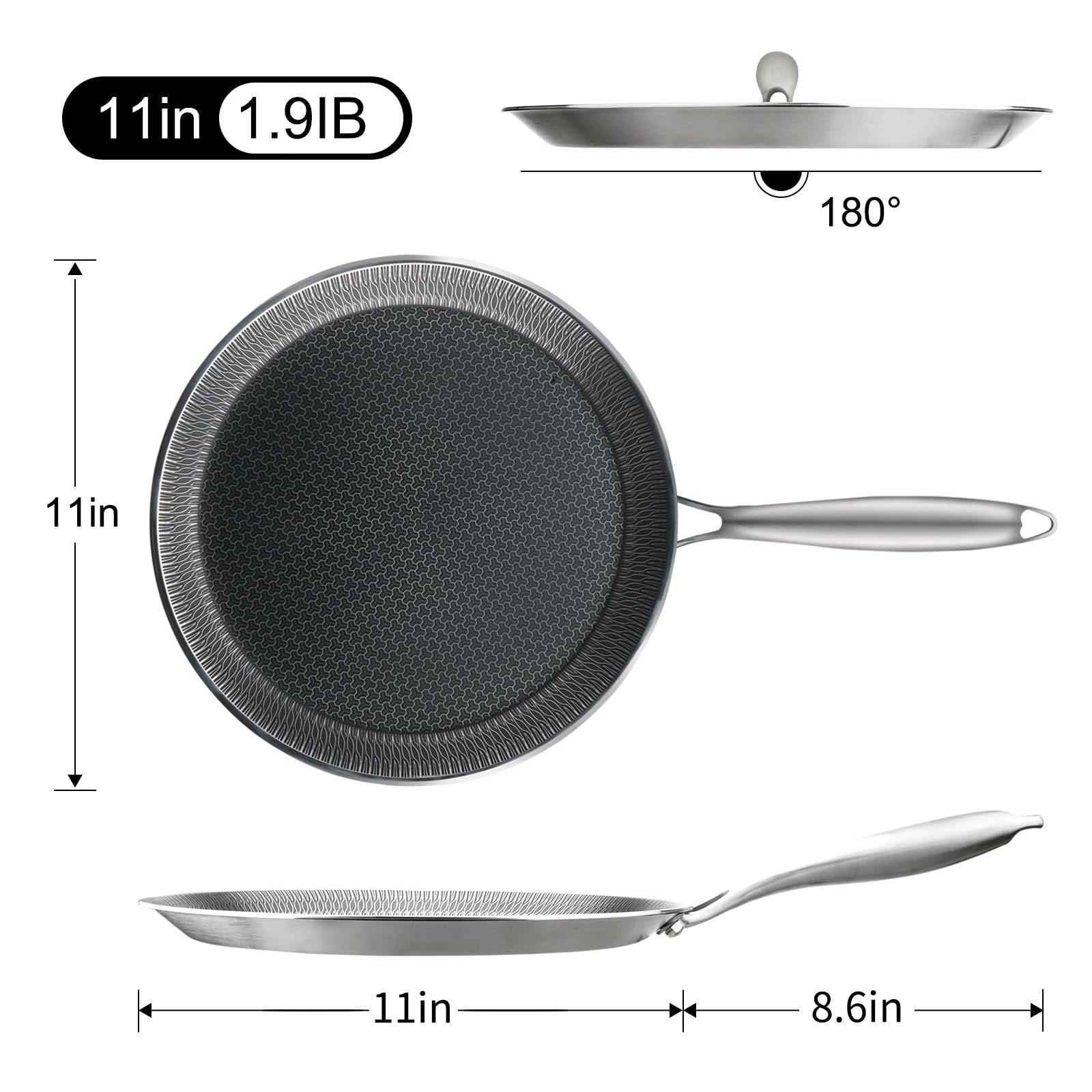 DCIGNA Nonstick Crepe Pan, 11Inch Stainless Steel Crepe Pan, Honeycomb Coating Flat Skillet Tawa Dosa Tortilla Omelet Griddle Pan, PFOA Free, Induction Compatible