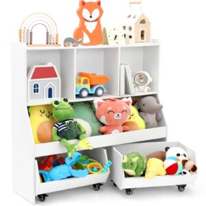 tykacna toy storage organizer for kids with bookshelf,ideal toy organizer with 2 movable drawers, 4-tier toddler book shelf for kids rooms with 6 storage cubbies,white