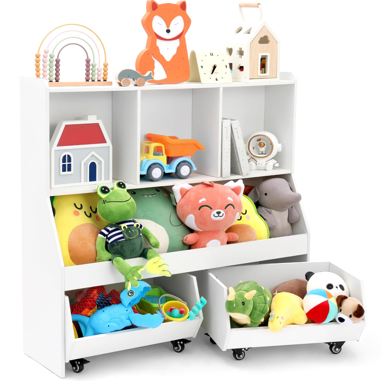 Tykacna Toy Storage Organizer for Kids with Bookshelf,Ideal Toy Organizer with 2 Movable Drawers, 4-Tier Toddler Book Shelf for Kids Rooms with 6 Storage Cubbies,White