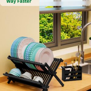 VOPOG Dish Drying Rack, 2 Tier Bamboo Dish Drying Rack with Utensil Holder, Collapsible Dish Rack Foldable Plate Organizer Holder Dish Drainer Set for Kitchen Countertop-Black