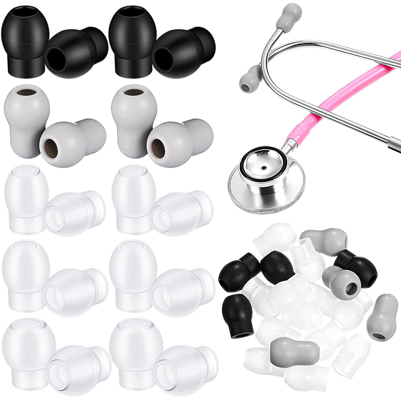 TrelaCo 10 Pairs 3 Sizes S/M/L Soft Ear Tip Pieces Earbud Replacement Parts Stethoscope Ear Pieces with 8 Pairs Stethoscope Ear Tip 2 Pairs Gray Ear Bud Cover Compatible with 5mm and 6mm Stethoscopes