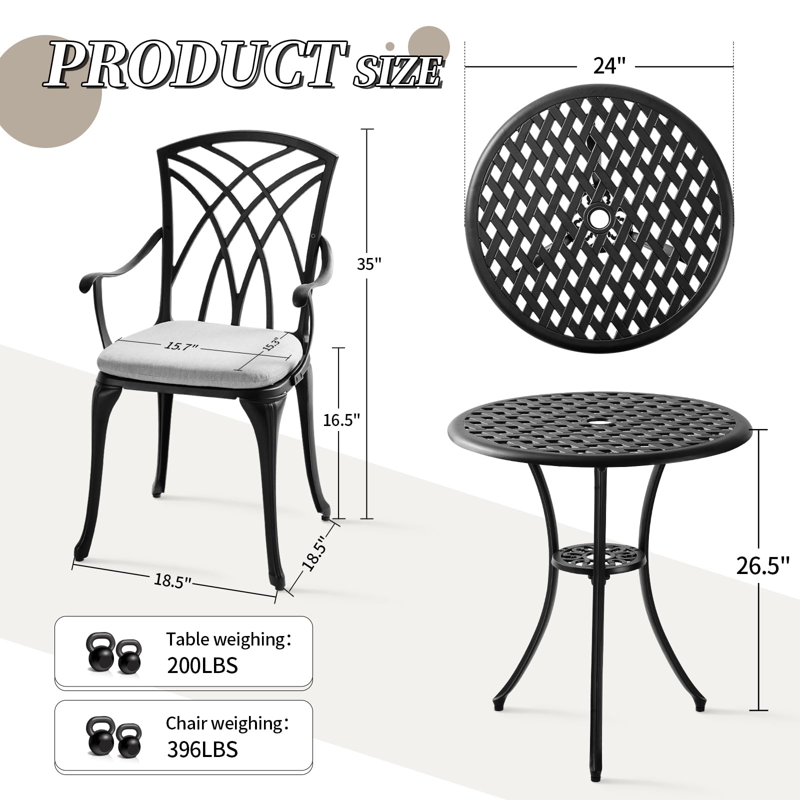 Withniture 3 Piece Outdoor Bistro Set, Patio Bistro Table Set, All Weather Bistro Table and Chair Set of 2, Patio Dinning Furniture for Garden, Porch, Backyard