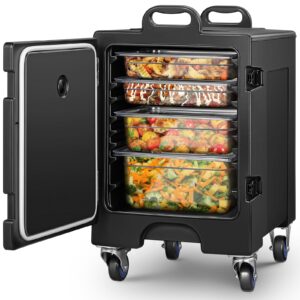 catering food warmer, 82qt front loading hot box for catering, lldpe insulated food pan carrier for 5 full-size pan, w/wheels, stackable, handles, hot box food warmer ideal for canteen, restaurant