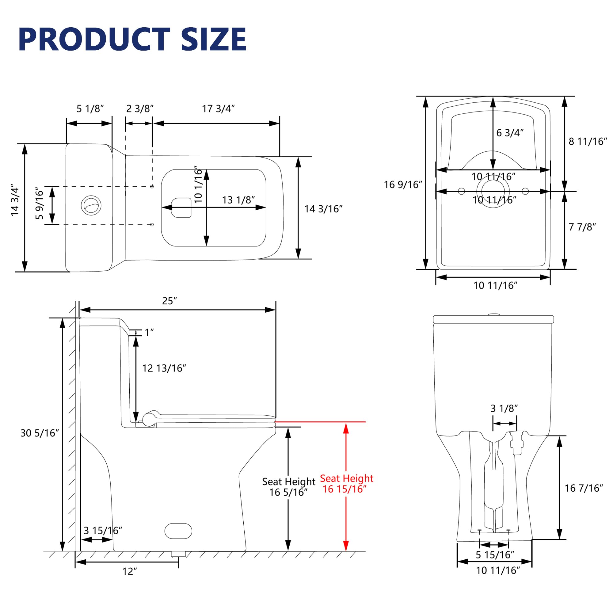 DeerValley Elongated One Piece Toilet, DV-1F0072-1 Square Compact Toilets for Bathrooms, Dual Flush 1/1.6 GPF and MaP 1000g, 12'' Rough-In Chair Height 16.93" Ceramic White Toilet With Soft Close Seat