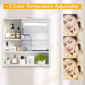 Sunghome Medicine Cabinet Mirror Bathroom Wall Cabinet, LED Light Bathroom Mirror with Storage, Medicine Cabinets with Slid Door and Adjustable Shelf, White, 24'' x 23.6''