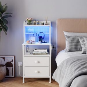 Furologee Tall Nightstand with Charging Station & LED Lights, 41'' Bedside Table with 2 Drawers & Pegboard, White Night Stand with Hooks & Folders, End Table with Shelves for Bedroom/Living Room