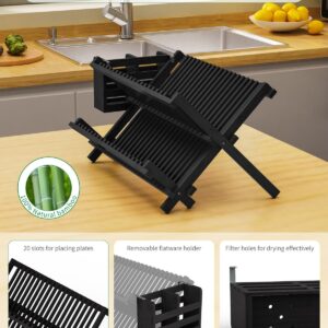 VOPOG Dish Drying Rack, 2 Tier Bamboo Dish Drying Rack with Utensil Holder, Collapsible Dish Rack Foldable Plate Organizer Holder Dish Drainer Set for Kitchen Countertop-Black