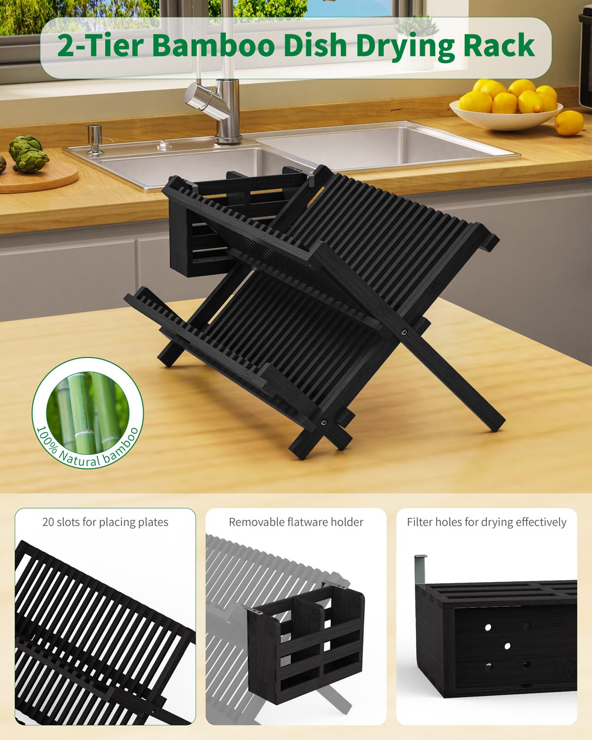 VOPOG Dish Drying Rack, 2 Tier Bamboo Dish Drying Rack with Utensil Holder, Collapsible Dish Rack Foldable Plate Organizer Holder Dish Drainer Set for Kitchen Countertop-Black