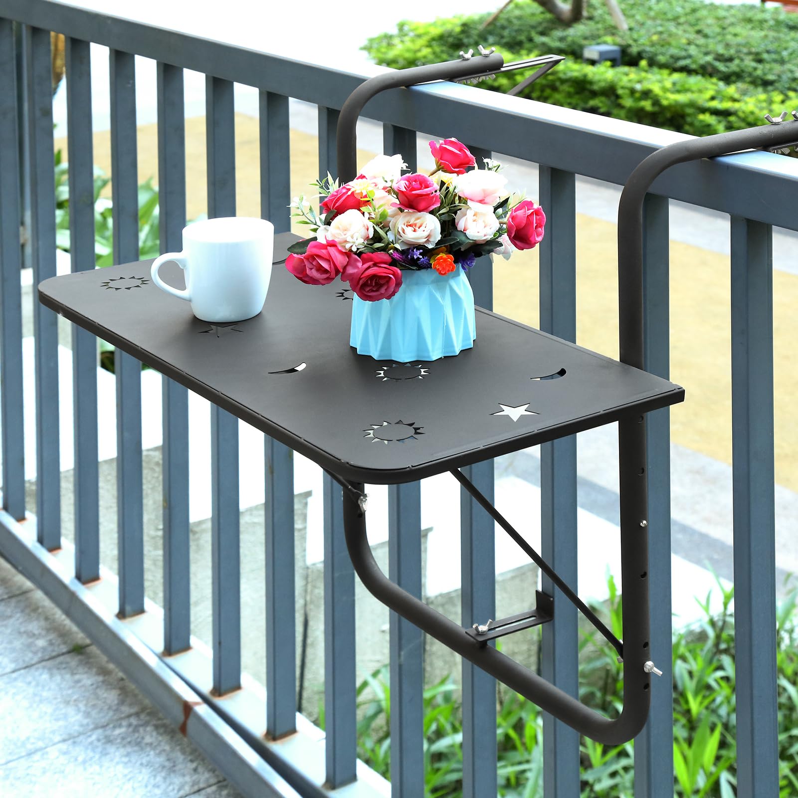 modsden Outdoor Folding Balcony Bar Table for Railing, Adjustable Balcony Railing Table for Baluster Garden Deck,Balcony Table Black