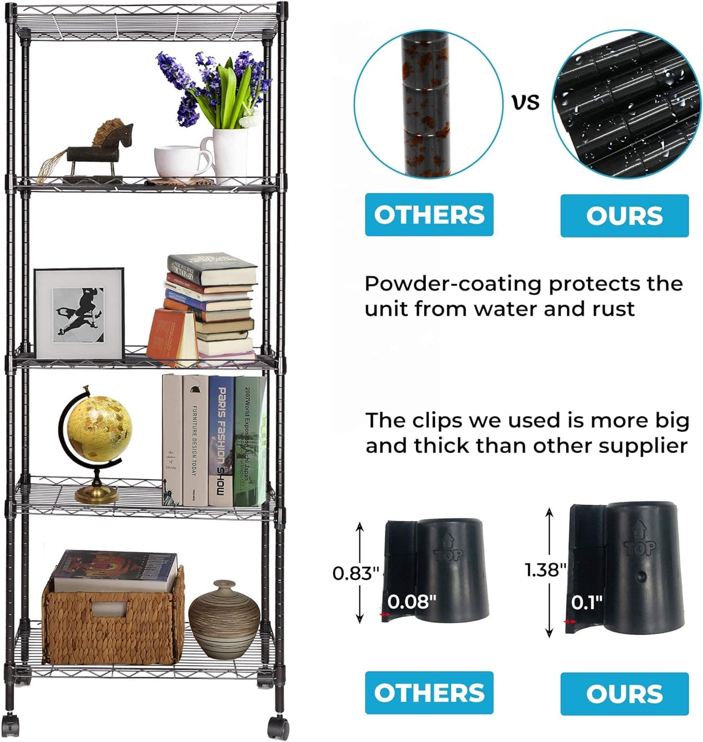 5-Tier Utility Shelves,Adjustable Heavy Duty Storage Shelving with Wheel Casters,660Lbs Capacity,Metal Standing Storage Shelf for Garage,Office,Restaurant,Kitchen,23.23''W X 13.4''D X 71''H