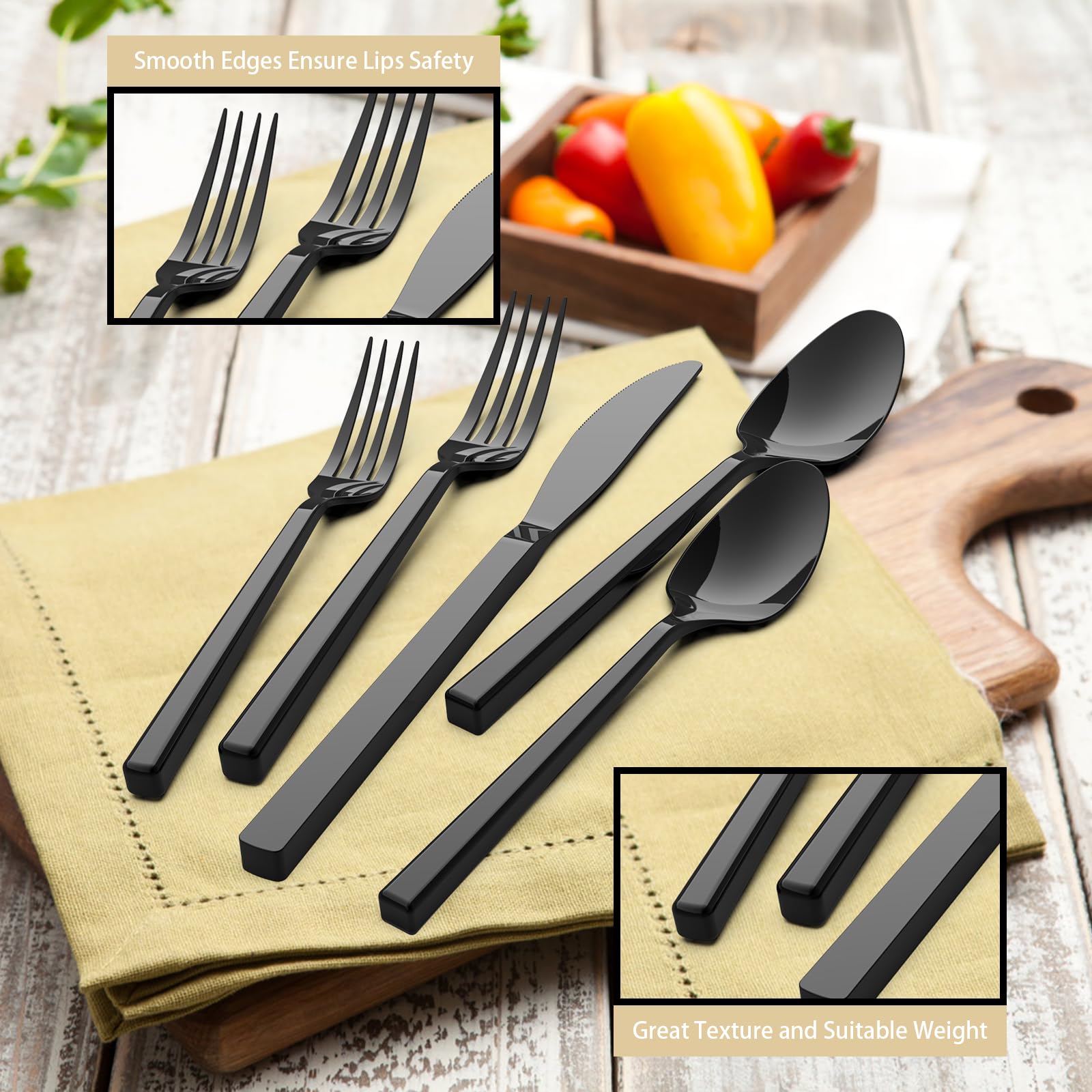 Cubic Black 20-Piece Silverware Set, 18/10 Forged Stainless Steel Flatware, Mirror Polished Modern Cutlery Set, Service for 4, Dishwasher Safe