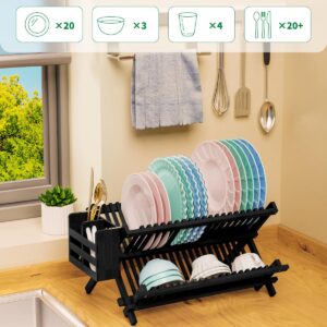 VOPOG Dish Drying Rack, 2 Tier Bamboo Dish Drying Rack with Utensil Holder, Collapsible Dish Rack Foldable Plate Organizer Holder Dish Drainer Set for Kitchen Countertop-Black