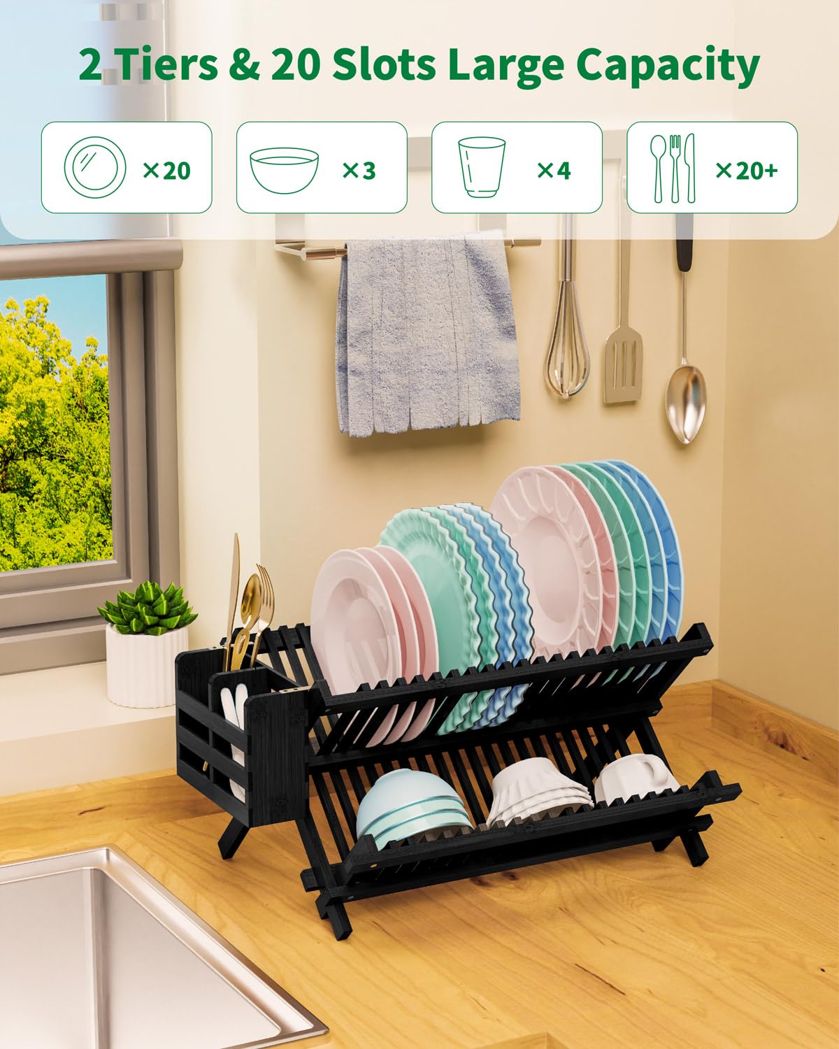 VOPOG Dish Drying Rack, 2 Tier Bamboo Dish Drying Rack with Utensil Holder, Collapsible Dish Rack Foldable Plate Organizer Holder Dish Drainer Set for Kitchen Countertop-Black