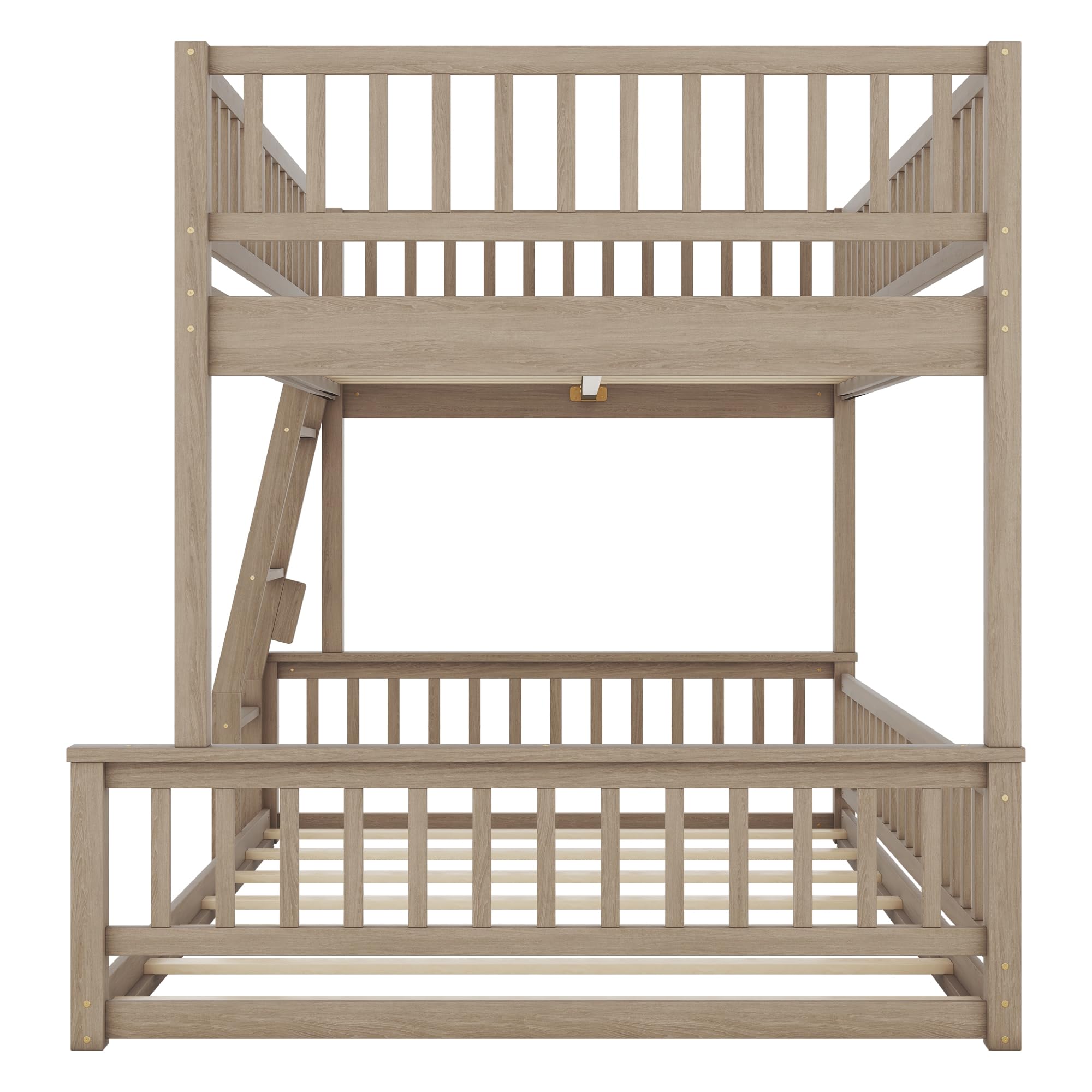 ATY Full XL Over Queen Bunk Bed, Convertible Wooden Bedframe with Ladder and Guardrails, Can Bed Seperated into 2Beds, for Kids Bedroom, Dorm, No Spring Needed, 84.7" L x 63.7" W x 58.3" H,Natural